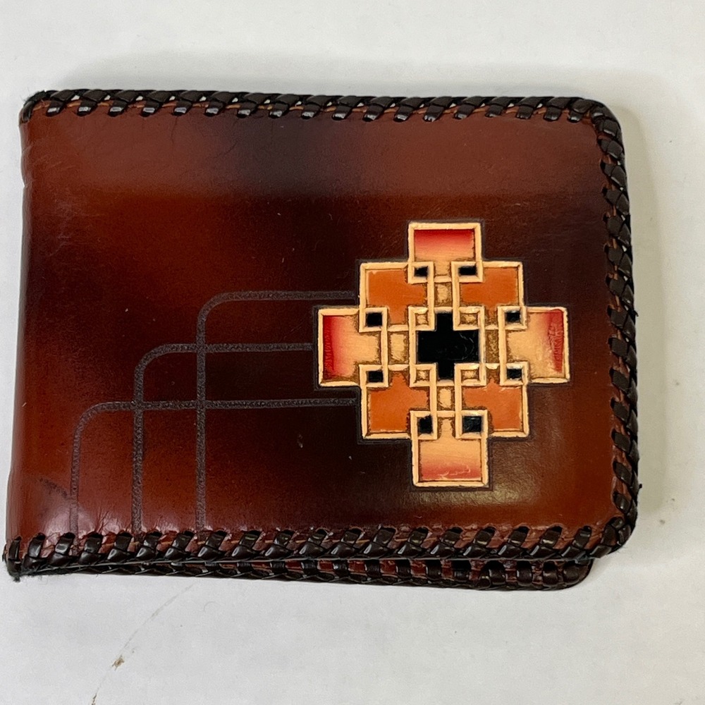 Vintage Brown Cowhide Leather Bifold Wallet Hand Laced Geometric Inlay Western